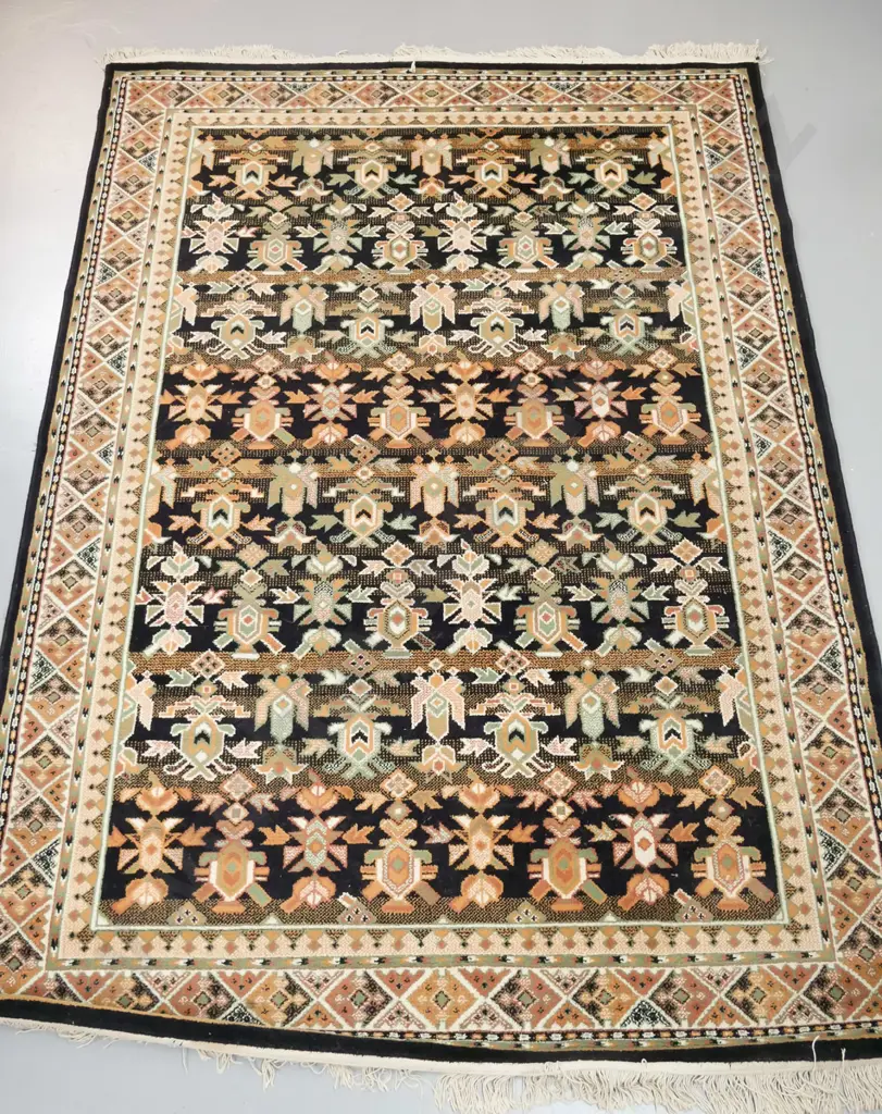 Belgian "Caucase" wool floor rug with tribal style pattern in black, green and salmon pinks L-2300 W-1600 Image 1++