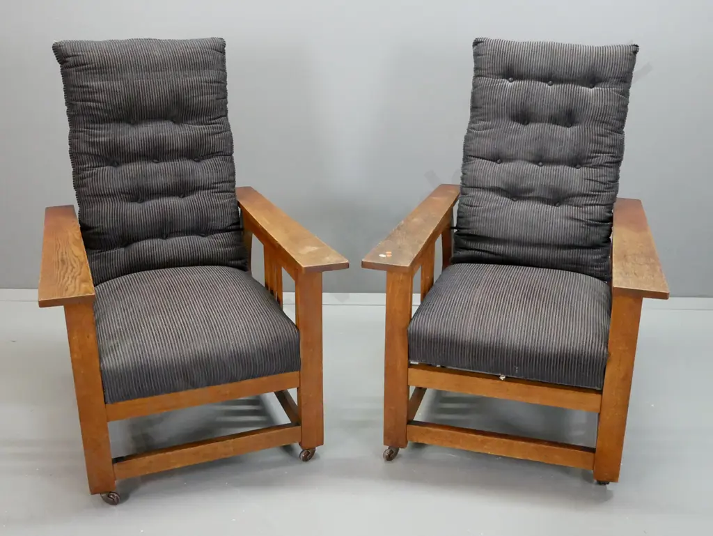 pair of oak arts & crafts style Morris chairs with G & W Hayward Limited Dunedin plaques, lift out squabs with button , Image 1++