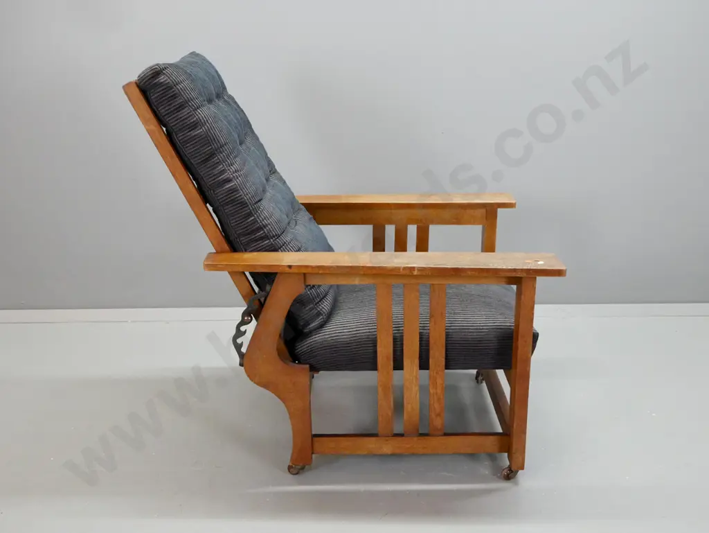 pair of oak arts & crafts style Morris chairs with G & W Hayward Limited Dunedin plaques, lift out squabs with button , Image 1++