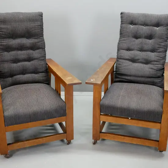 pair of oak arts & crafts style Morris chairs with G & W Hayward Limited Dunedin plaques, lift out squabs with button ,