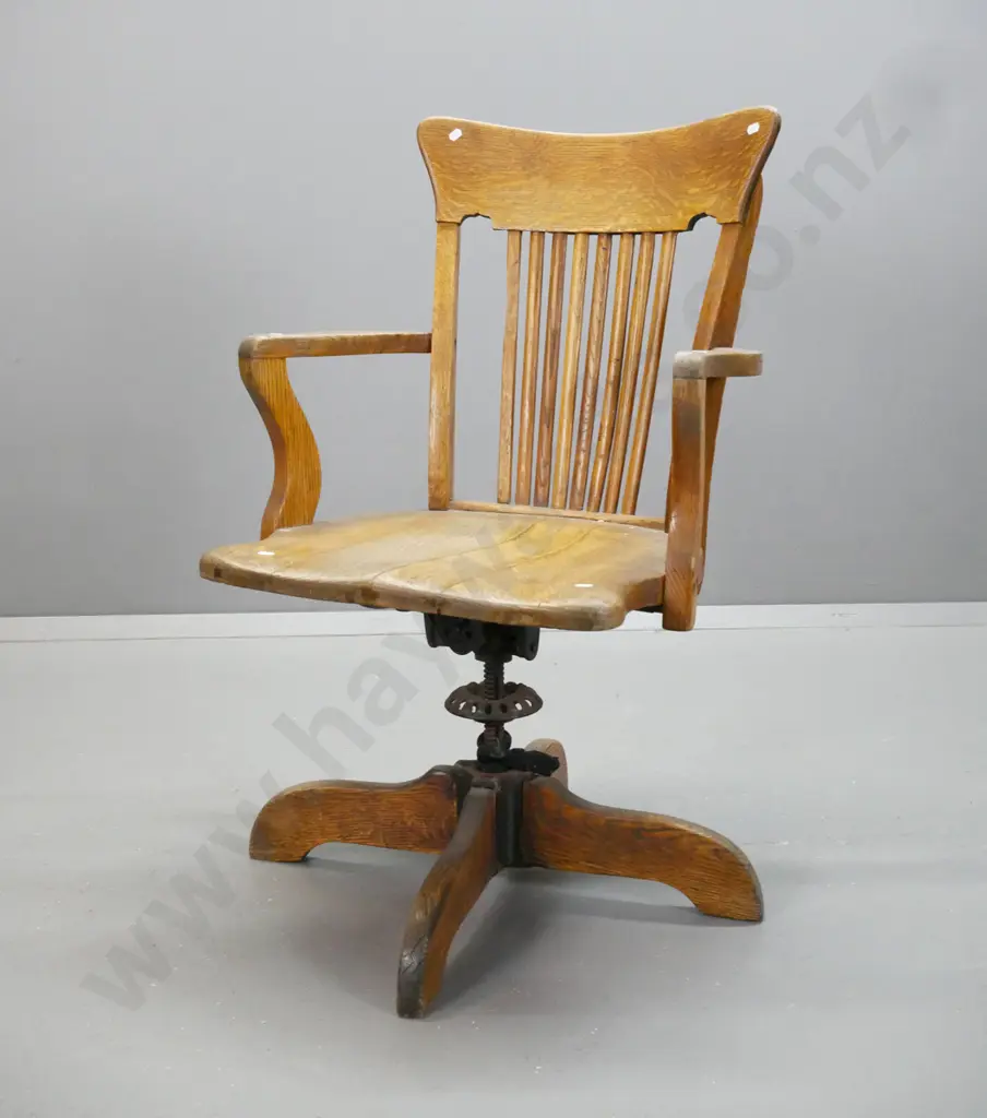 vintage oak slat-back swivel & spring tilt office chair - mechanism moving but may need some attention, has some Image 1++