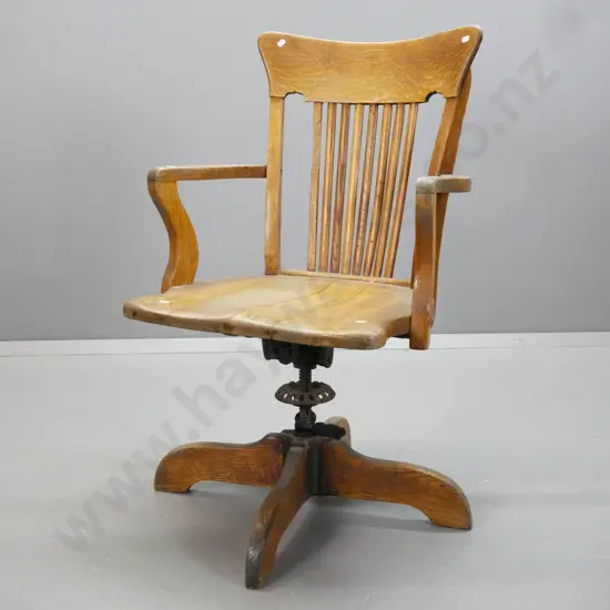 vintage oak slat-back swivel & spring tilt office chair - mechanism moving but may need some attention, has some