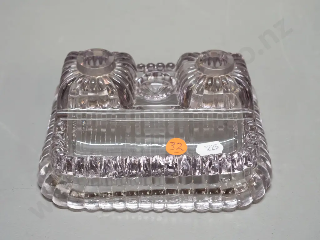 vintage small moulded depression glass desk stand - chip inside rim of one inkwell H-55 W-155 Image 1++