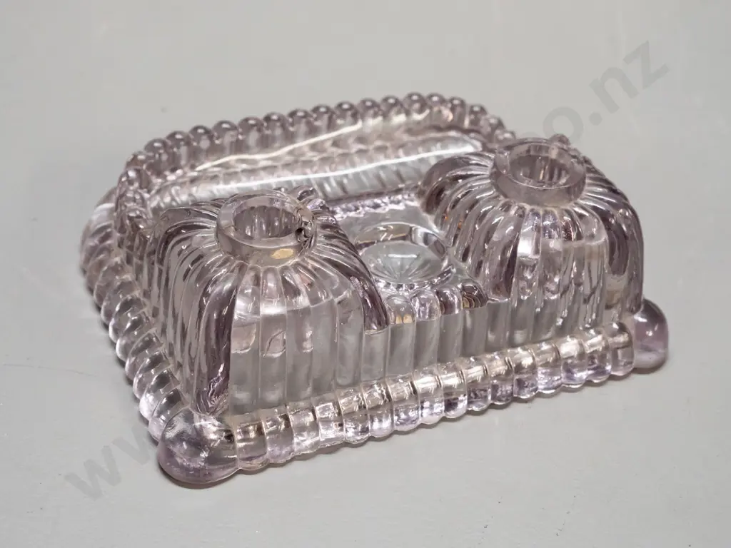 vintage small moulded depression glass desk stand - chip inside rim of one inkwell H-55 W-155 Image 1++