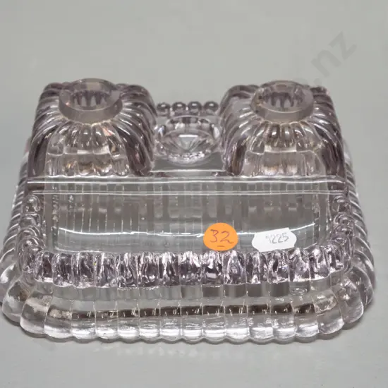 vintage small moulded depression glass desk stand - chip inside rim of one inkwell H-55 W-155