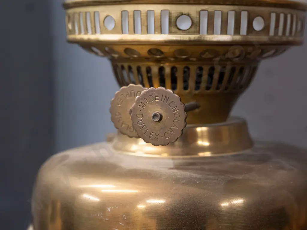 brass based kerosene lamp with milk glass shade and clear chimney - adjuster knobs marked Duplex - Made in England H-500 Image 1++