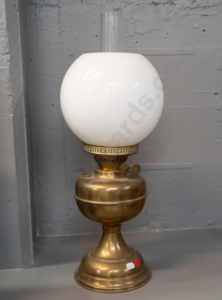 brass based kerosene lamp with milk glass shade and clear chimney - adjuster knobs marked Duplex - Made in England H-500 Image 1++