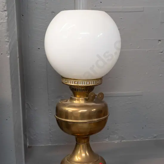 brass based kerosene lamp with milk glass shade and clear chimney - adjuster knobs marked Duplex - Made in England H-500
