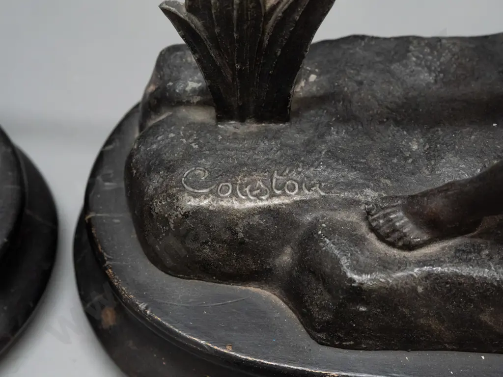 vintage pair of spelter rearing horse figures on oval ebonized wood bases - marked Coustou - reproduction based on Image 1++