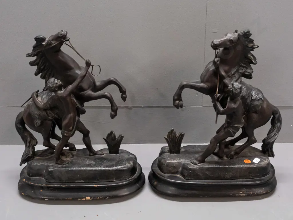 vintage pair of spelter rearing horse figures on oval ebonized wood bases - marked Coustou - reproduction based on Image 1++