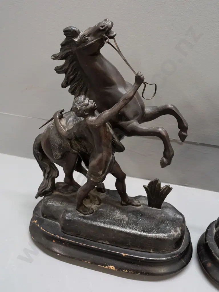 vintage pair of spelter rearing horse figures on oval ebonized wood bases - marked Coustou - reproduction based on Image 1++