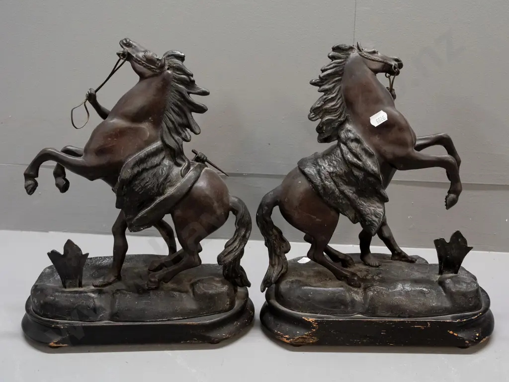 vintage pair of spelter rearing horse figures on oval ebonized wood bases - marked Coustou - reproduction based on Image 1++