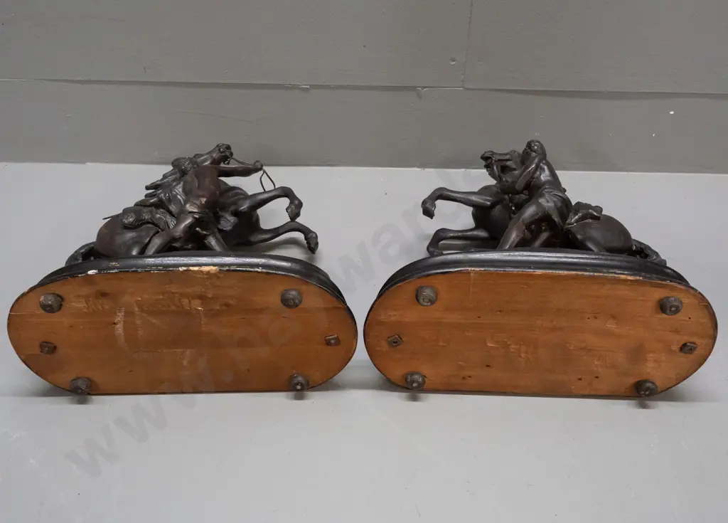 vintage pair of spelter rearing horse figures on oval ebonized wood bases - marked Coustou - reproduction based on Image 1++