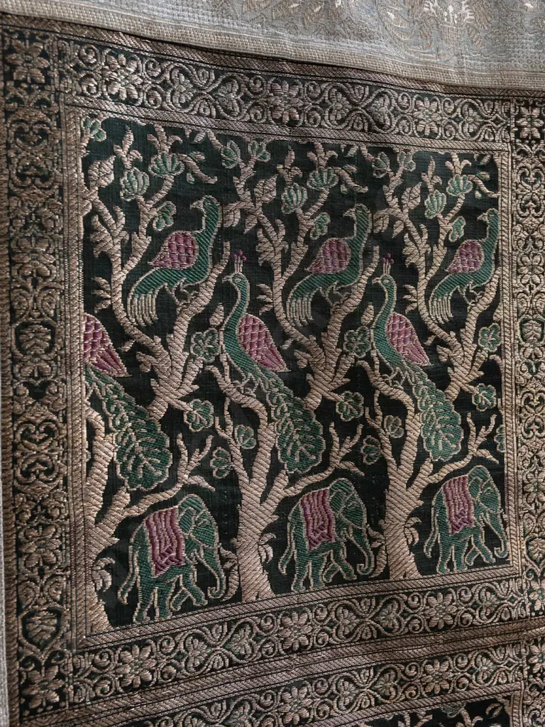 Indian or asian fabric and metallic thread wall hanging with floral border, peacocks and elephants H-700 W-450 Image 1++