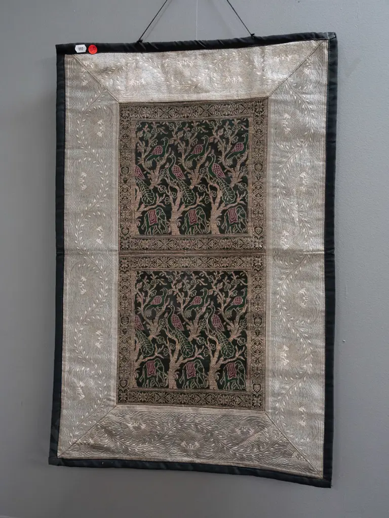 Indian or asian fabric and metallic thread wall hanging with floral border, peacocks and elephants H-700 W-450 Image 1++