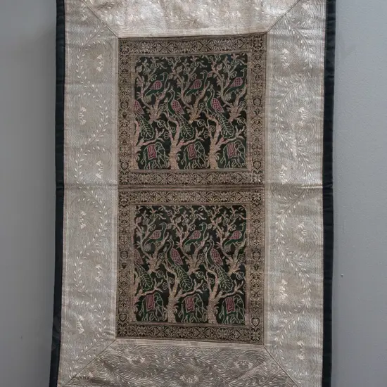 Indian or asian fabric and metallic thread wall hanging with floral border, peacocks and elephants H-700 W-450
