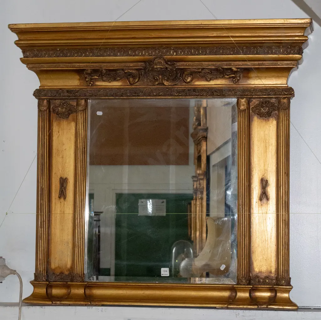 large classical style gilt framed bevelled edge wall mirror with 4 vertical columns & applied figural details H900 W980 Image 1++