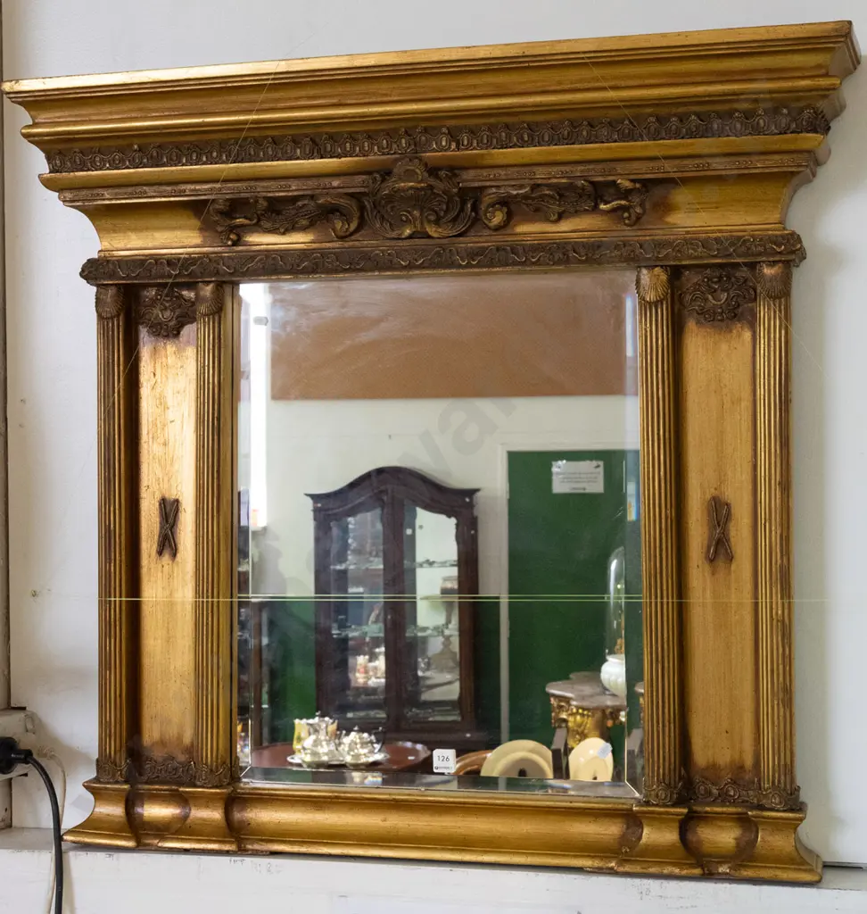 large classical style gilt framed bevelled edge wall mirror with 4 vertical columns & applied figural details H900 W980 Image 1++