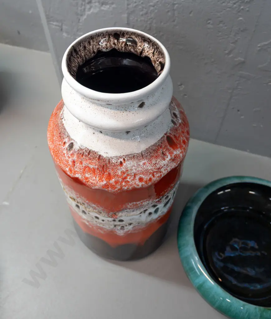 2 retro Blue Mountain Pottery pottery items - lava glaze large vase H-385 and blue-green float bowl Image 1++