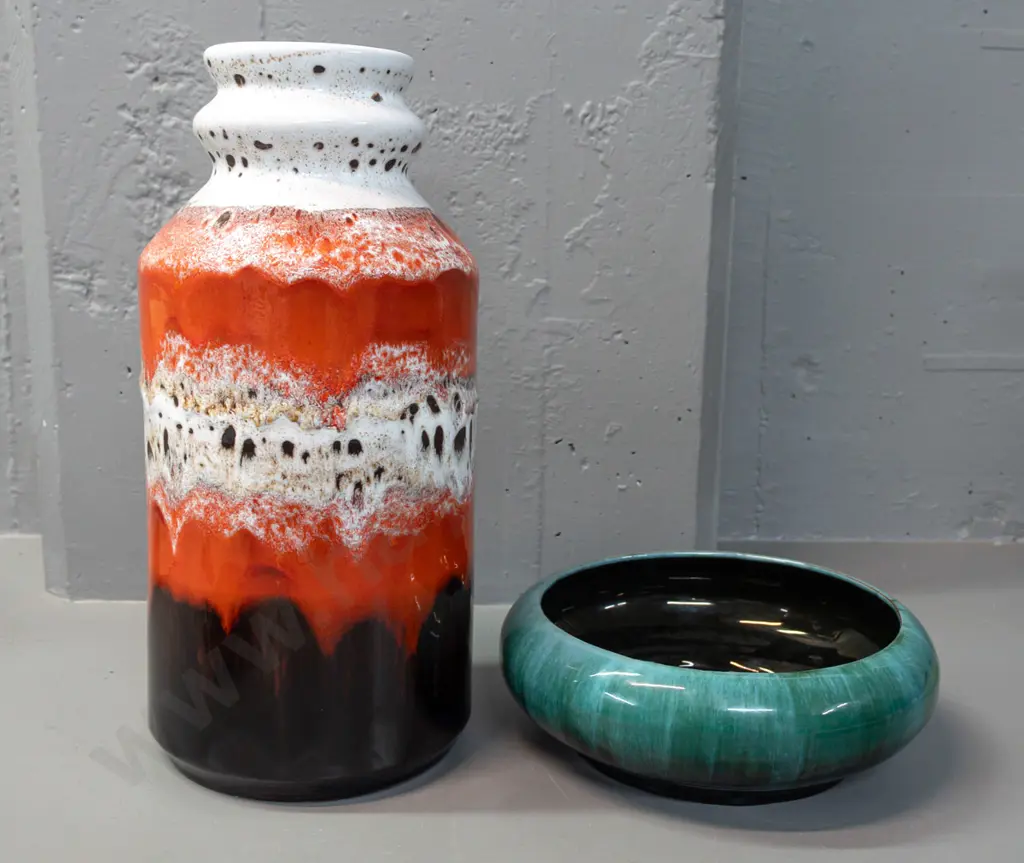 2 retro Blue Mountain Pottery pottery items - lava glaze large vase H-385 and blue-green float bowl Image 1++