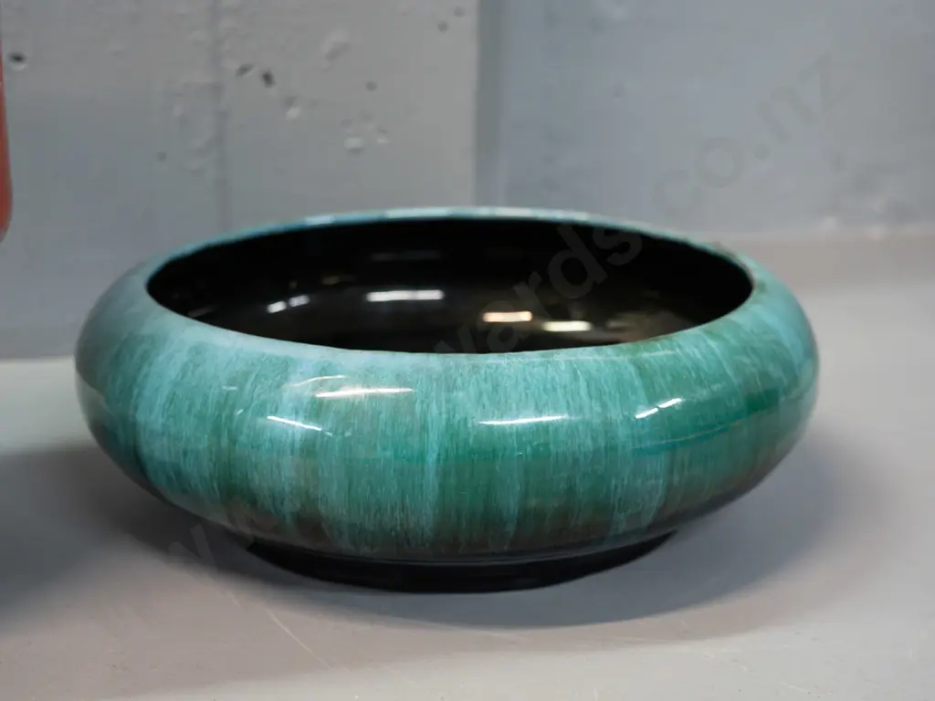 2 retro Blue Mountain Pottery pottery items - lava glaze large vase H-385 and blue-green float bowl Image 1++