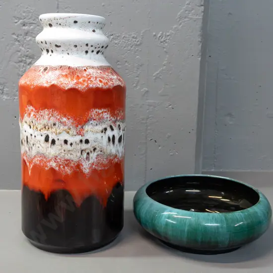 2 retro Blue Mountain Pottery pottery items - lava glaze large vase H-385 and blue-green float bowl