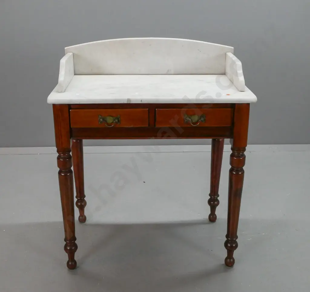 Victorian mahogany wash stand with marble top and upstand, 2 baize lined drawers w/ brass handles, on turned legs - some Image 1++