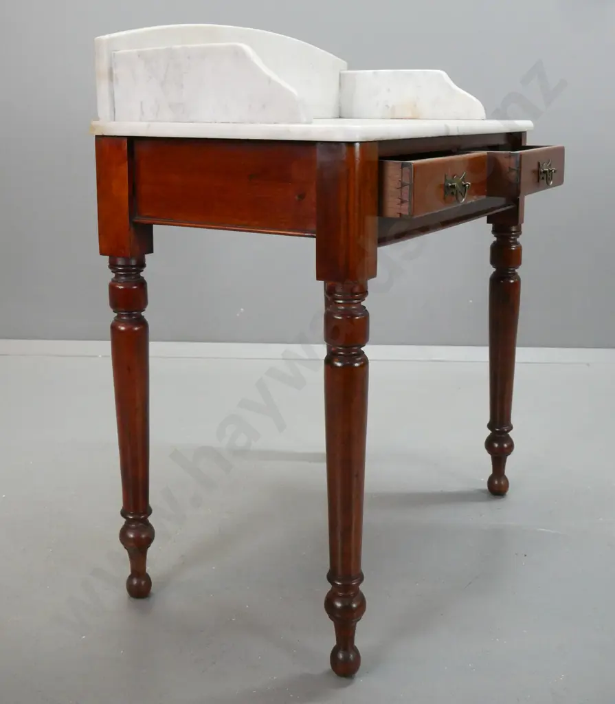 Victorian mahogany wash stand with marble top and upstand, 2 baize lined drawers w/ brass handles, on turned legs - some Image 1++