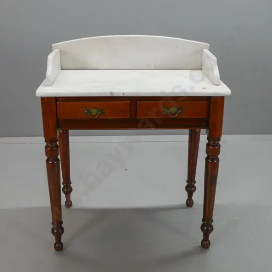 Victorian mahogany wash stand with marble top and upstand, 2 baize lined drawers w/ brass handles, on turned legs - some