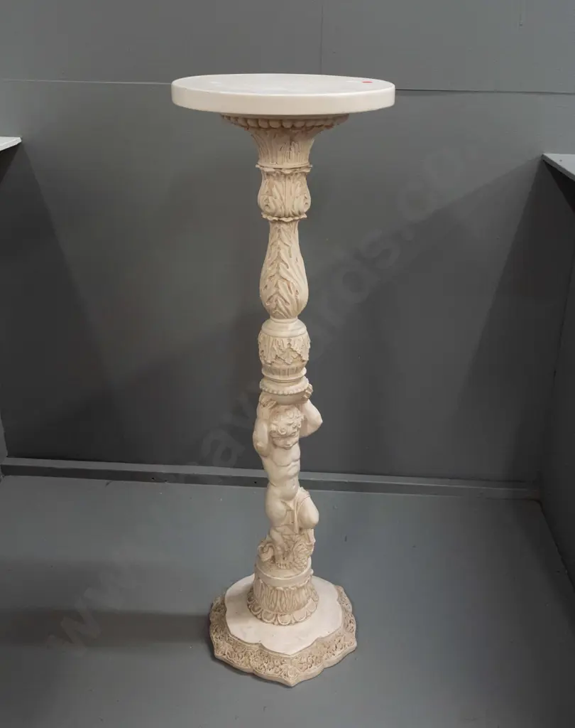 moulded composite faux-marble rococo style jardiniere stand with putti and foliate motifs - some scratches on base and Image 1++