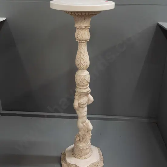 moulded composite faux-marble rococo style jardiniere stand with putti and foliate motifs - some scratches on base and