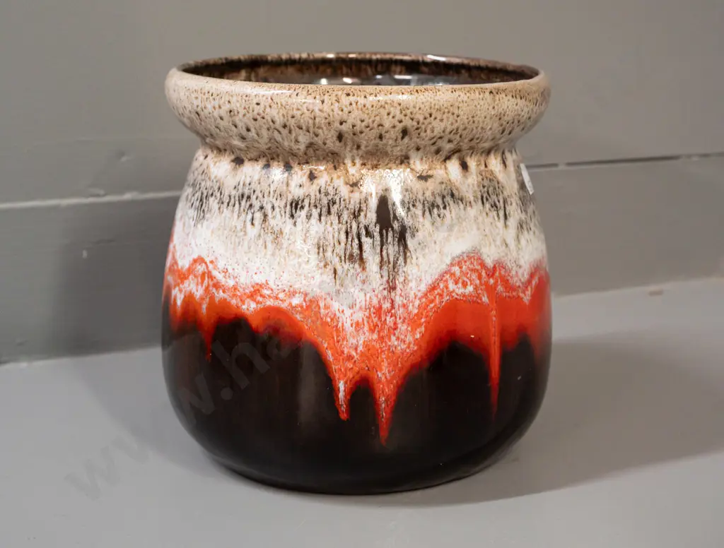 retro lava glaze pottery jardiniere, unknown maker's mark on base, some staining inside H-180 D-170 Image 1++