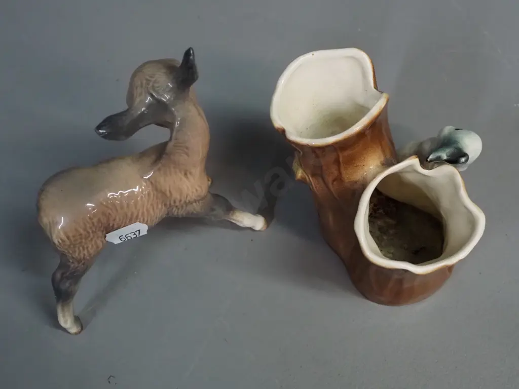 Beswick small donkey figure H-140 L-100 and a Hornsea bunny & tree stump bud vase - some staining inside Image 1++
