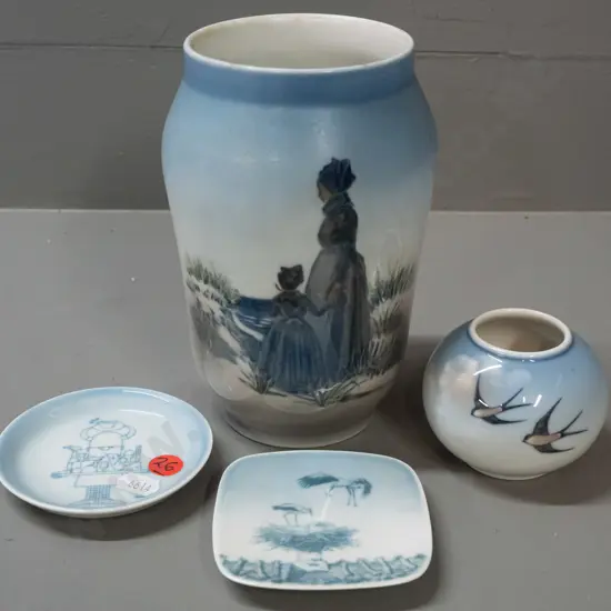 2 Royal Copenhagen vases and 2 Bing & Grondahl pin dishes - larger vase is H-170