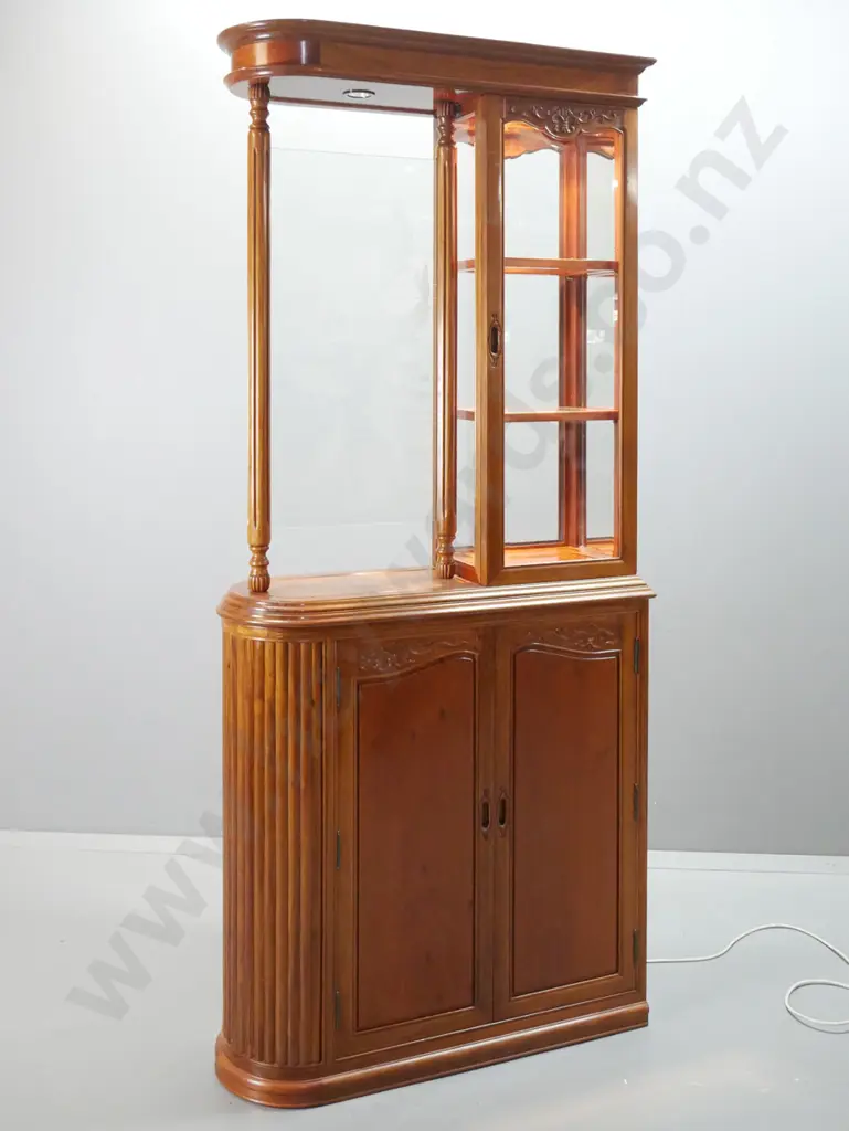 asian mahogany 2-piece double-sided display cabinet with bevelled edge glass doors, etched koi and lotus motif glass Image 1++