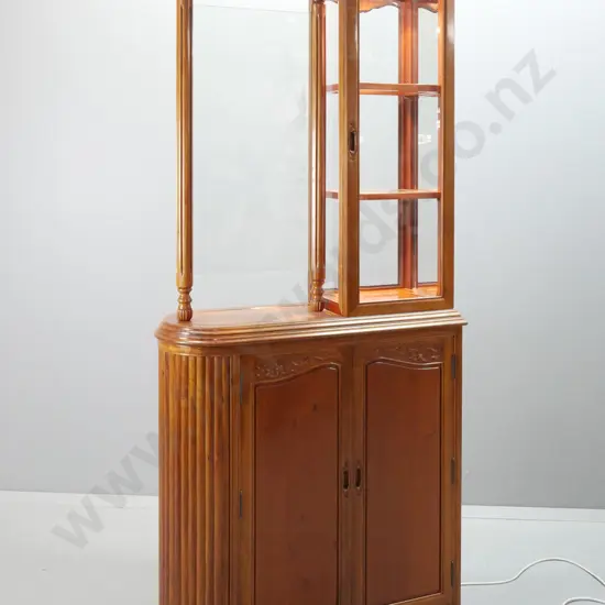 asian mahogany 2-piece double-sided display cabinet with bevelled edge glass doors, etched koi and lotus motif glass