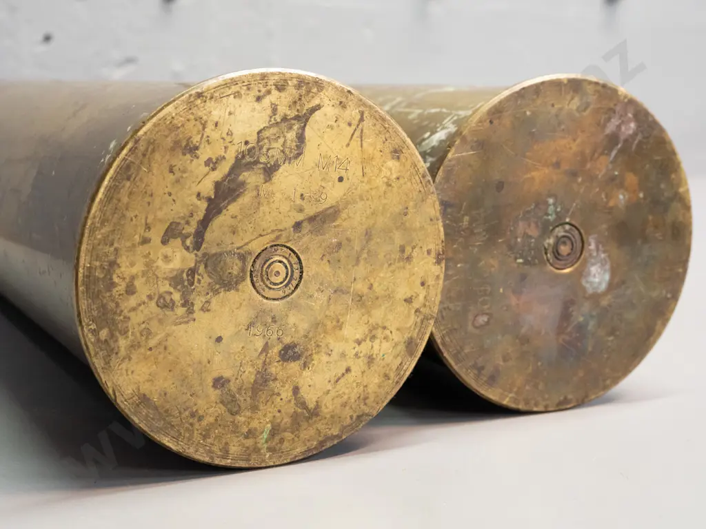 pair of large brass shell casings - marked 105mm and dated 1966 - some discolouration, H-365 Image 1++