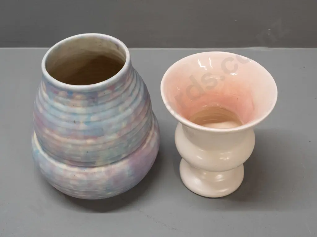 O.C. Stephens urn-shaped vase with pink interior and a Wade Heath "Flaxman Ware" vase in mottled pastel shades - some Image 1++
