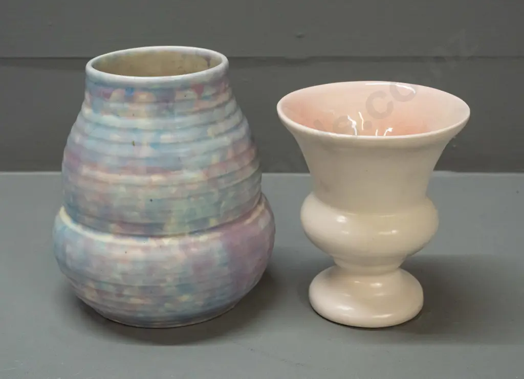 O.C. Stephens urn-shaped vase with pink interior and a Wade Heath "Flaxman Ware" vase in mottled pastel shades - some Image 1++