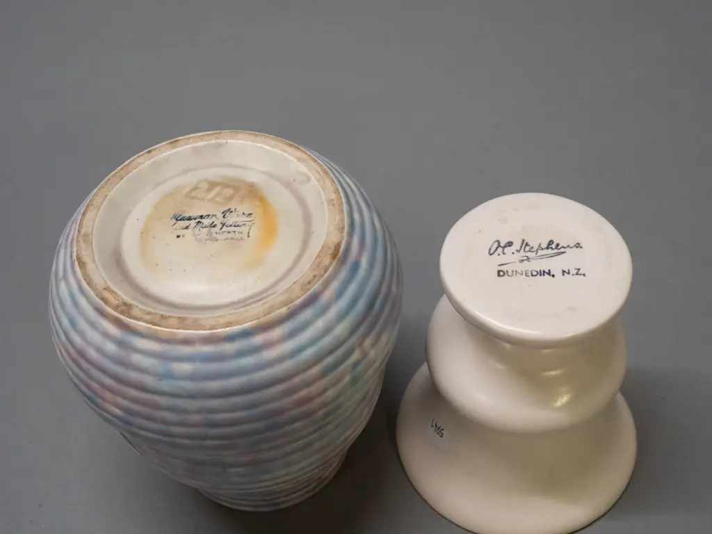 O.C. Stephens urn-shaped vase with pink interior and a Wade Heath "Flaxman Ware" vase in mottled pastel shades - some Image 1++