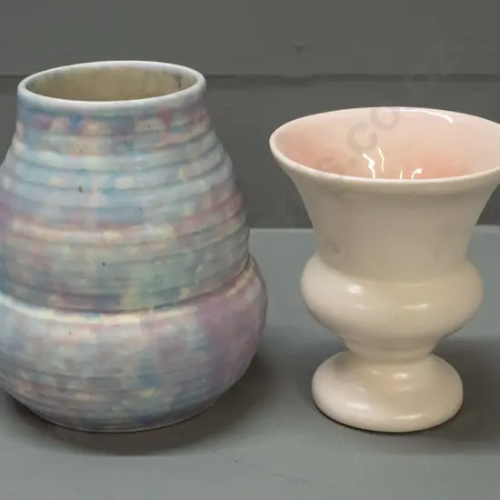 O.C. Stephens urn-shaped vase with pink interior and a Wade Heath "Flaxman Ware" vase in mottled pastel shades - some