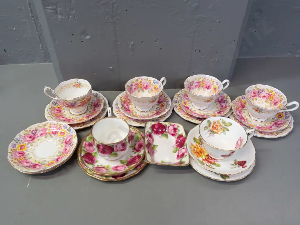 Royal Albert and Aynsley tea ware - 6 trios - one Aynsley and 5 Serena - spare saucers, jam dish Image 1++