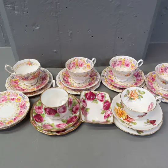 Royal Albert and Aynsley tea ware - 6 trios - one Aynsley and 5 Serena - spare saucers, jam dish