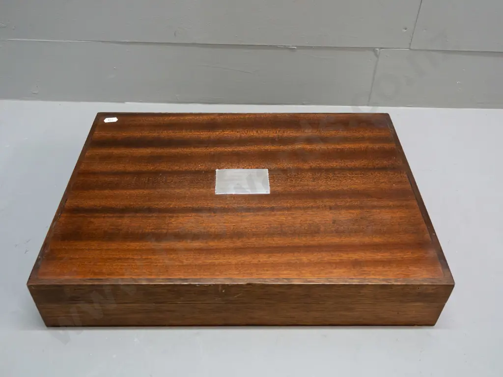 Wood-cased canteen of Rodd "Nemesia" pattern cutlery - 6 place plus serving spoons - with engraved presentation to Image 1++