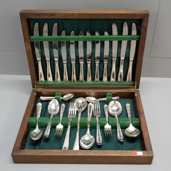 Wood-cased canteen of Rodd "Nemesia" pattern cutlery - 6 place plus serving spoons - with engraved presentation to