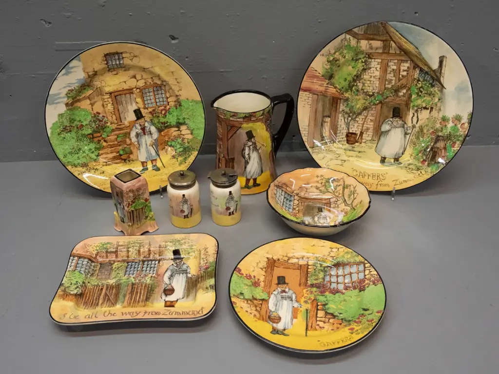 9 pieces Royal Doulton Gaffers ware - jug, bowl, 3 plates, dish, small vase and 2 condiments with plated lids - jug has Image 1++