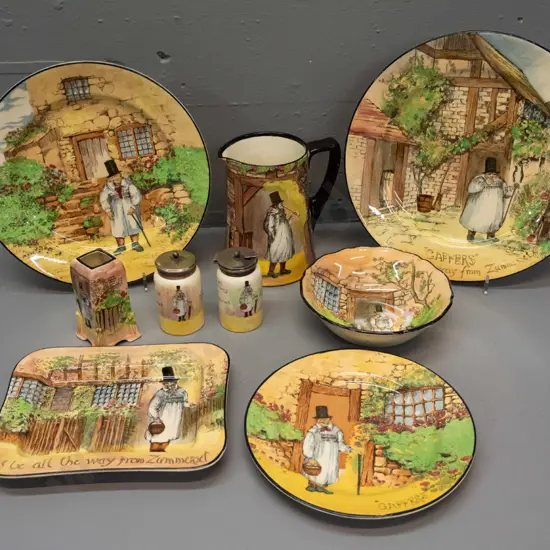 9 pieces Royal Doulton Gaffers ware - jug, bowl, 3 plates, dish, small vase and 2 condiments with plated lids - jug has