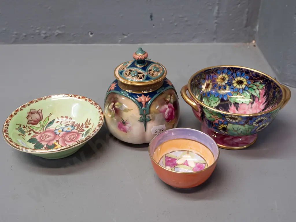 4 pieces of vintage china - 2 Maling lustre bowls, one thumbprint with gilt handles, Paragon lustre bowl and Royal Image 1++