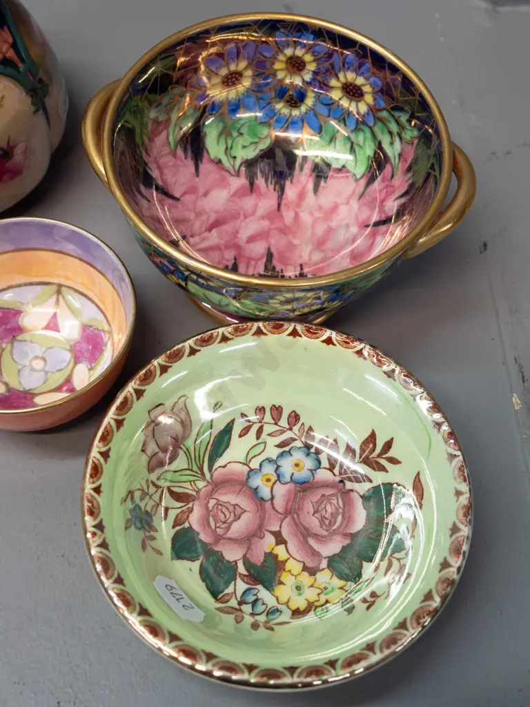 4 pieces of vintage china - 2 Maling lustre bowls, one thumbprint with gilt handles, Paragon lustre bowl and Royal Image 1++