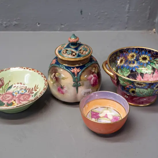 4 pieces of vintage china - 2 Maling lustre bowls, one thumbprint with gilt handles, Paragon lustre bowl and Royal